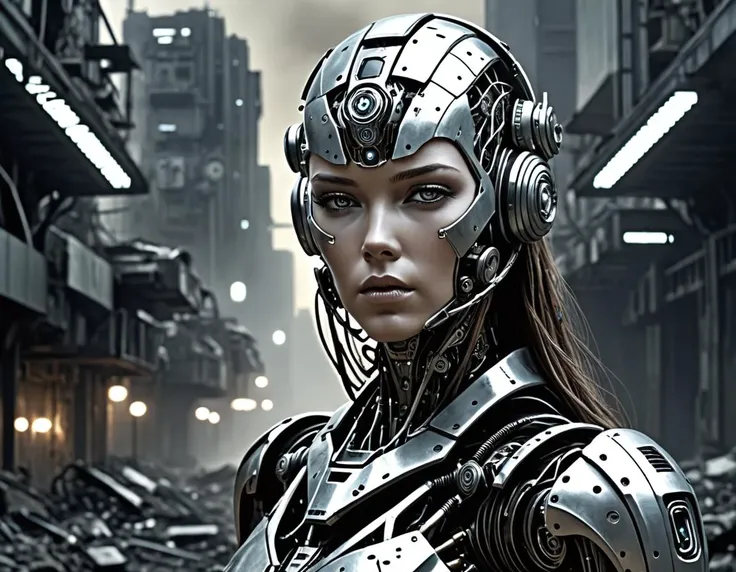 dystopian style Unveil the magnificent spectacle of a Cybernetic female Robot in a stunning medium shot, a desolate landscape of a once thriving yet now destroyed Futuristic City. Adorned in scratched and tarnished armor reminiscent of a bygone era, our su...