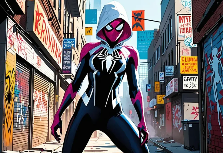 concept art Spider-Gwen takes the stage again, a sporty Spider Girl of gritty alleys and urban sprawl - boldness belying every fibre of her being. Set against raw graffiti murals teeming with tales long past yet to be written, Anacletoesque energy meets Gu...