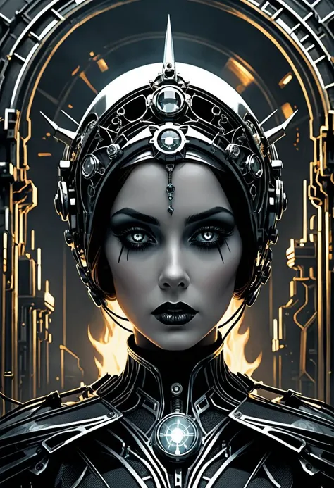 dystopian style Unleash the enigma of darkness with a haunting presence, Our radiant heroine takes stage in retro-future garb amidst a mechanical universe cloaked in obscurity. Beneath somber shadows, her diamond facade gleams with intrigue - piercing grey...