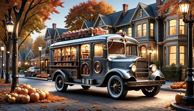 professional 3d model Depict a steampunk ral-polishedsteel ice cream truck roving through a quaint Victorian neighborhood during autumn, dispensing piping hot apple cider fortified with nostalgic charm. The vehicles brass fixtures gleam under harvest moonl...