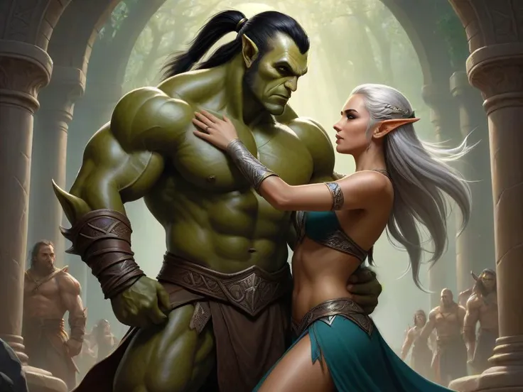 (masterpiece, best quality), (highly detailed), fantasy art, a beautiful athletic female elf priestess dancing with a muscular male orc warrior