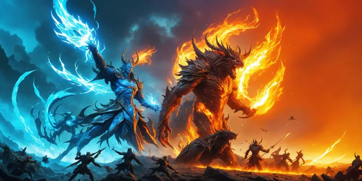 Water elementals, water magic creatures, extreme full shot BREAK
Fire elementals, fire magic creatures, extreme full shot BREAK
fantasy art, panorama of a fantasy battle, epic battle of fantasy magic creatures, 
professional artwork, perfect visual weight ...