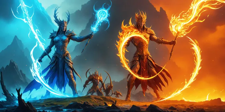 Water elementals, water magic creatures, extreme full shot BREAK
Fire elementals, fire magic creatures, extreme full shot BREAK
fantasy art, panorama of a fantasy battle, epic battle of fantasy magic creatures, 
professional artwork, perfect visual weight ...