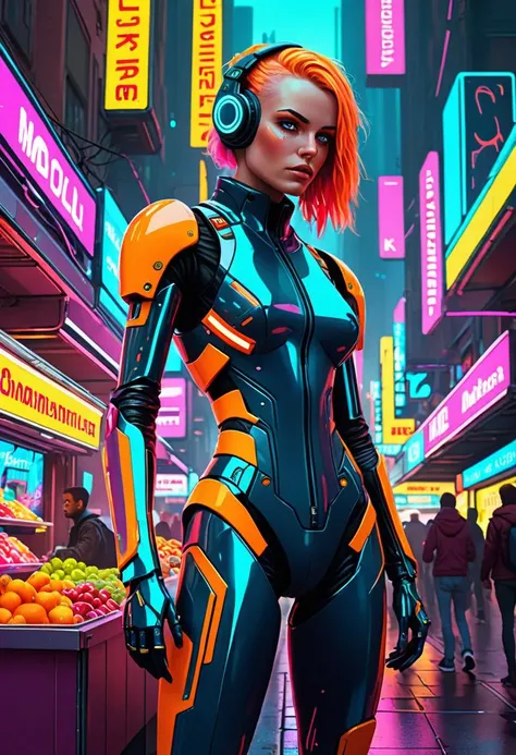 retro cyberpunk Visually-arresting nanotechnological woman, vibrant atmosphere of a futuristic street market, bustling crowd. She dons tactical techwear that seamlessly integrates with her augmented petite athletic physique, cybernetic implants, mechanical...