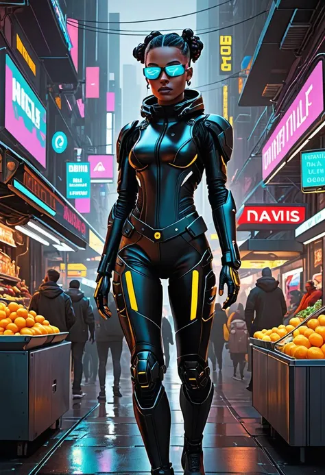 breathtaking Visually-arresting nanotechnological woman, vibrant atmosphere of a futuristic street market, bustling crowd. She dons tactical techwear that seamlessly integrates with her augmented petite athletic physique, cybernetic implants, mechanical ar...