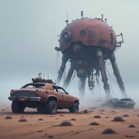 (desert:1.5) where a group of wrecked (biomechanical machines:1.3) (foggy:1.3) in the style of (Simon Stalenhag:1.2)