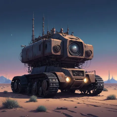 (desert:1.5) where a row of abandoned (biomechanical machines:1.3) (midnight:1.3) in the style of (Simon Stalenhag:1.2) <lora:add-detail-xl:1>