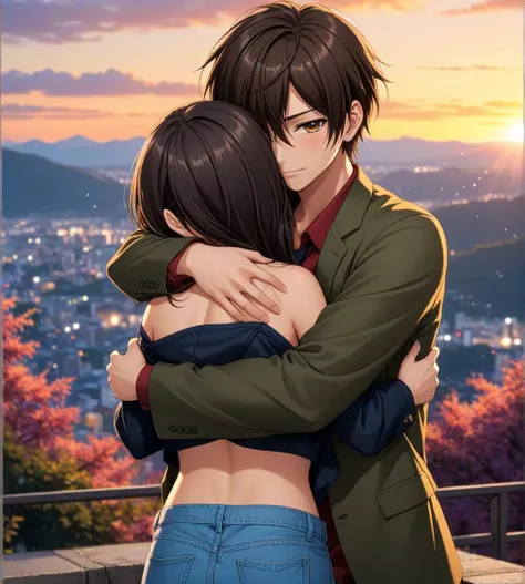 anime couple hugging each other in front of a cityscape