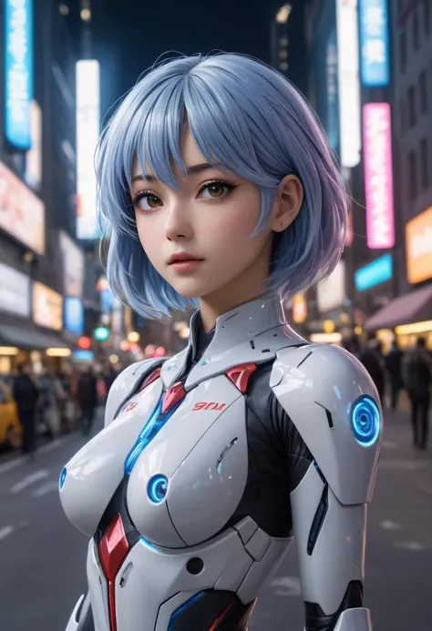 Create an ultra-highly detailed, 8K resolution image of a futuristic cyborg street fashion model, Ayanami Rei from Neon Genesis Evangelion, posing confidently in the midst of a bustling New York City street, illuminated by soft, natural light. Incorporate ...