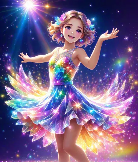 best quality, girl in sparking dress dancing on crystal flower, rainbow color sparks around, cute face, 