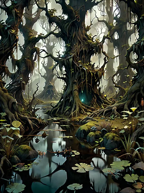 by Brian Froud and Petros Afshar, ((no people:1.9)),  photo-realistic medium full shot of  an (otherworldly landscape:1.2), swamp, (exquisite , elegant , masterful:1.4), bold lines, ultra-detailed, award winning,  dark limited color palette, high contrast,...