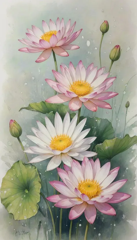 painting of three pink lotus flowers with green leaves in a watercolor style