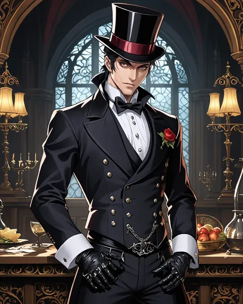 (An anime image:1.3) of male vampire, leather apron, lace gloves, diabolic eyes, Pompadour, tuxedo, intricate, ornamented, top hat