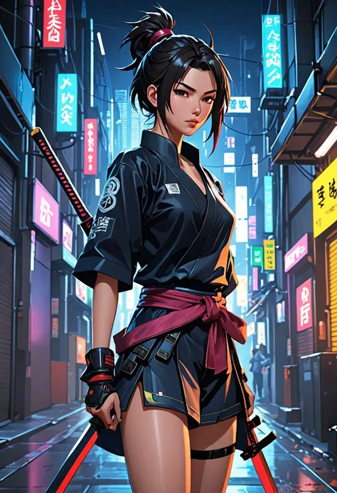 anime artwork Envision a Cyberpunk Samurai, cowboy shot, with Brunette Hair and Naturally Flushed Skin, traversing a pitch-black Alleyway in the dead of night, oppressive gloom, rim Lighting outlines her petite athletic form, projecting a sinuous aura of p...