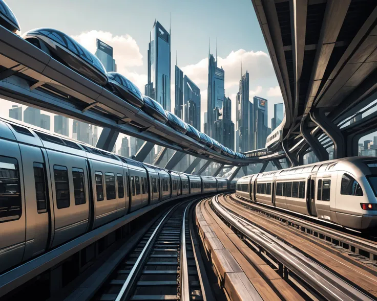 (A fashion photograph:1.3) of A photorealistic image of the skyline of a Sci-Fi Solarpunk city. The wood and glass rooftops hold shimmering solar panels. A futuristic mag-rail train runs past. I the style of the motion picture Total Recall at dawn.