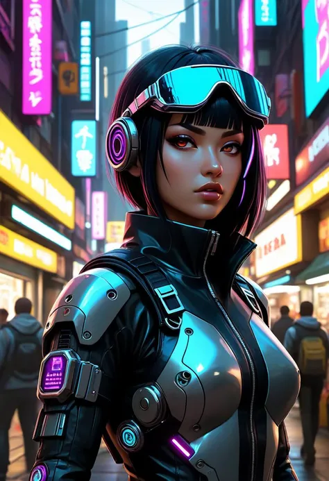 Visually-arresting nanotechnological woman, vibrant atmosphere of a futuristic street market, bustling crowd. She dons tactical techwear that seamlessly integrates with her augmented petite athletic physique, cybernetic implants, mechanical arms, dimly glo...