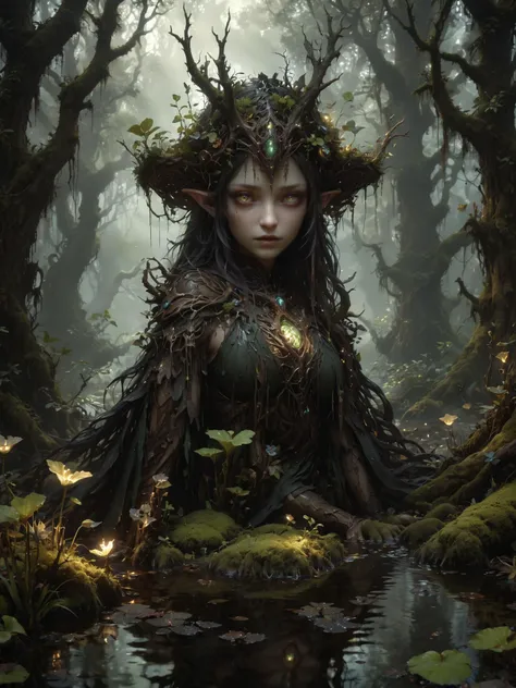 a woman in a forest with a crown of leaves and a stream