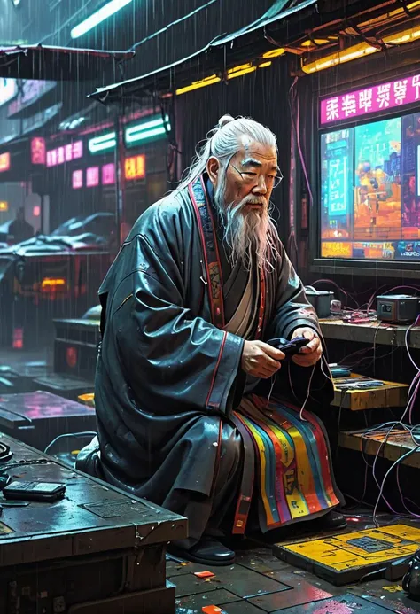 A dystopian neon-lit cyberpunk universe, set against the backdrop of torrential rain pouring down upon decaying structures within a bustling underground technology marketplace. An elderly Chinese man with flowing white hair and beard donning a traditional ...