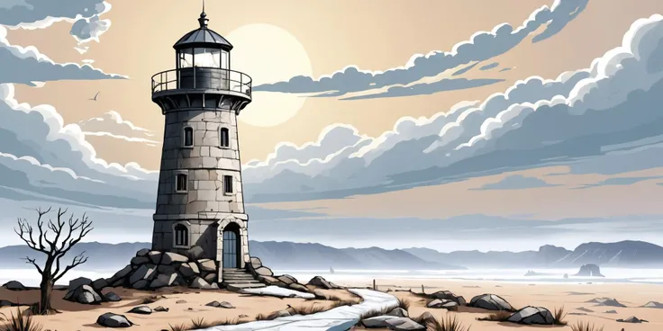 (A comic illustration:1.3) of an ethereal Roman Brushed nickel lighthouse in ruins in a winter Temperate desert landscape, highly detailed stone texture, intricate masonry