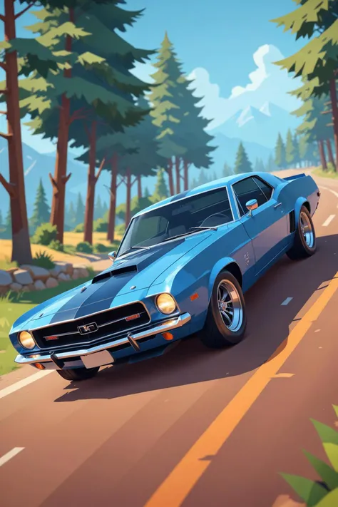 ASCIIlow poly style there is a blue car driving down the road in the country, vector artwork, full color digital illustration, muscle cars, mobile wallpaper, vector art, 2d game art gta cover, 2 d game art gta cover, inspired by tim doyle, retro illustrati...