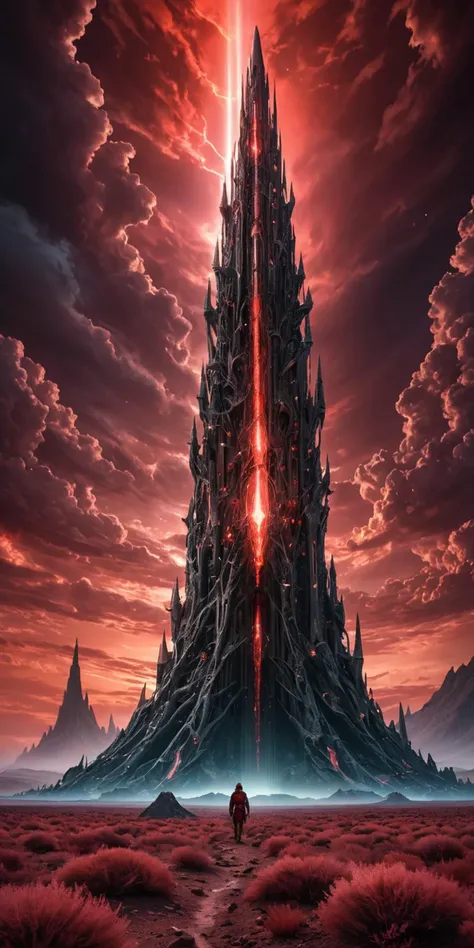 (intricate detail, 8k uhd, dslr, soft lighting, high quality, film grain:1.1),
a (crystal:1.1) tower in an unnatural alien landscape surrounded by glowing animals, a red sky with dark clouds looming above,