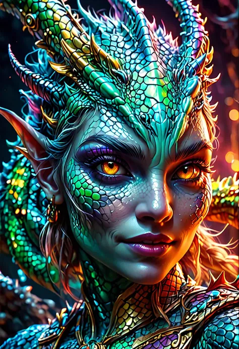 a woman with a dragon head and green eyes is posing for a photo