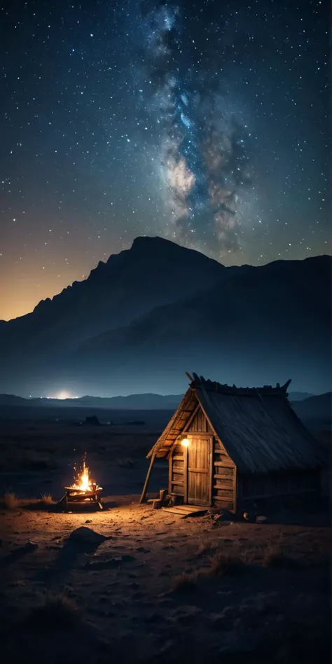 a cabin sits in the middle of a desert with a fire in front of it