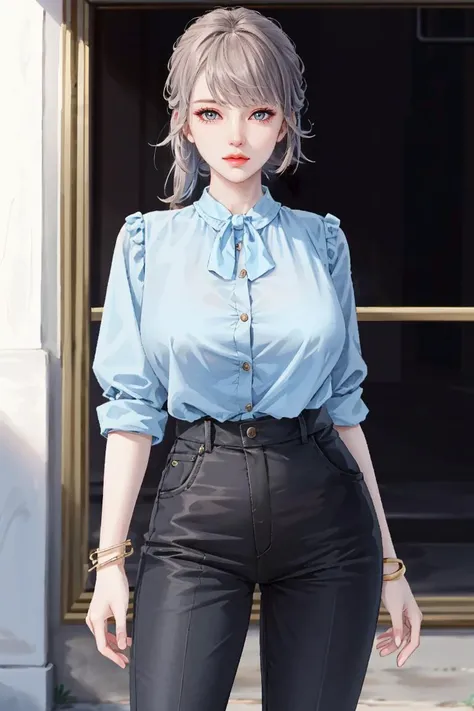 (masterpiece, best quality),(depth of field),shiny skin, 1girl,solo, mature female, cowboy shot, gigantic breasts, looking at viewer,((Casual Chic: A young woman in her late twenties dons a sophisticated yet cute look featuring a light blue, three-quarter-...