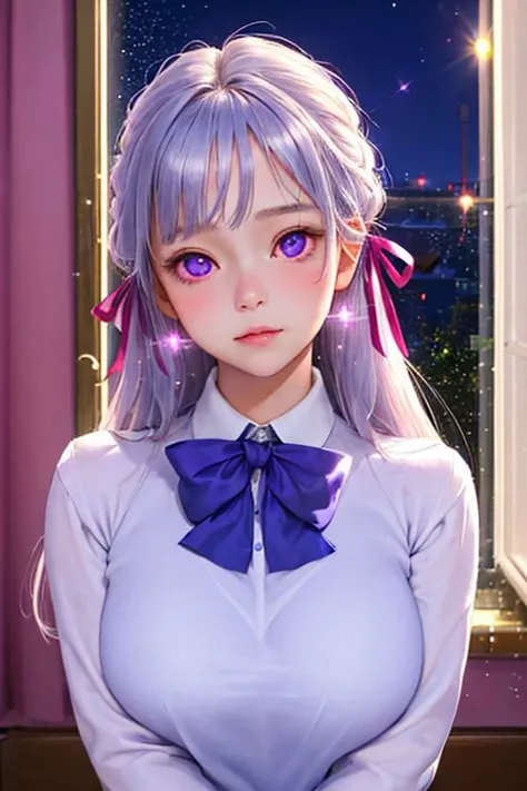 (masterpiece, best quality:1.4),
(photorealistic, detailed:1), luminous skin,
1girl, looking at viewer,
(young, cute:1.2), (round face:1), large breasts, (plump:0.6), (school uniform:1), silver hair, hair ribbons,
turned up eyes, purple eyes,
indoor, room,...