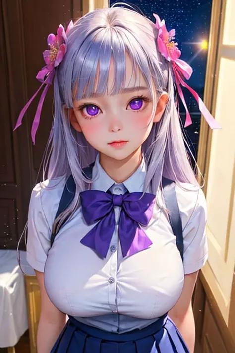 (masterpiece, best quality:1.4),
(photorealistic, detailed:1), luminous skin,
1girl, looking at viewer,
(young, cute:1.2), (round face:1), large breasts, (plump:0.6), (school uniform:1), silver hair, hair ribbons,
turned up eyes, purple eyes,
indoor, room,...