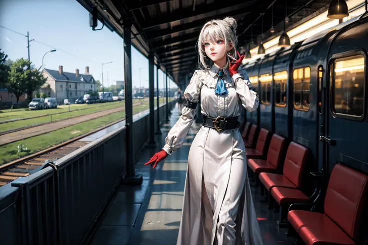 <lora:TWEAK_Detail:0.8>masterpiece, best quality, highres,  
victorian, solo, 1girl, steam locomotive, train station, feet out of frame, standing
BREAK <lora:AN94:0.6> an94, tsurime, hair ribbon, bangs, braided bun, single hair bun, sidelocks, silver hair,...