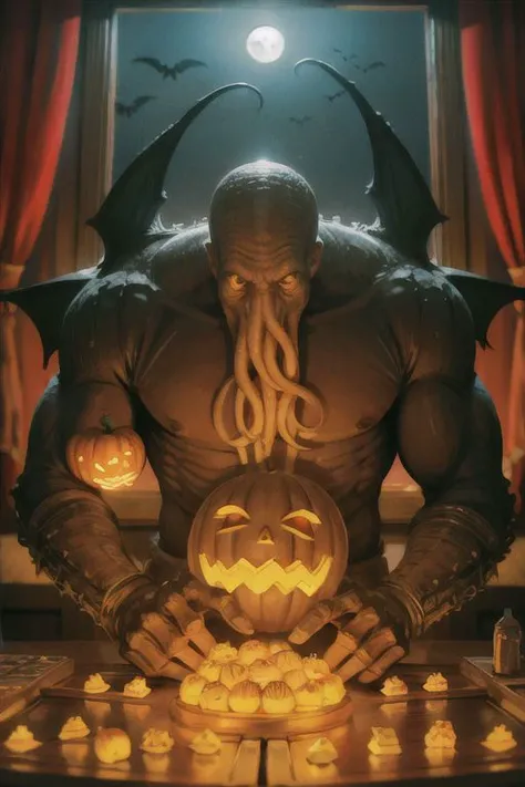 Cthulhu is a pumpkin monster among candy candles and dice, on a ship playing a board game with a vampire, bats flying around, in the steampunk style of the 19th century