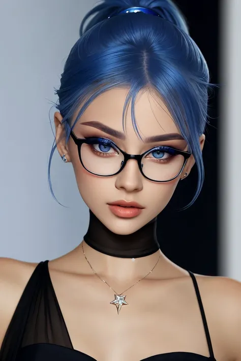 <lora:ViktoriaTishko_v1-000013:.9> ViktoriaTishko makeup eyeliner glasses, focus on eyes, close up on face, wearing jewelry, Periwinkle Blue hair styled high ponytail hair