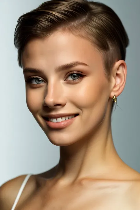 <lora:ViktoriaTishko_v1-000013:.9> ViktoriaTishko, focus on eyes, close up on face, smiling, wearing jewelry, hair styled disconnected undercut hair