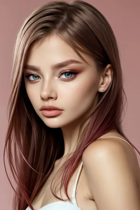 <lora:ViktoriaTishko_v1-000013:.9> ViktoriaTishko, focus on eyes, close up on face, pouting, rose color hair styled Straight Face Framing Layers