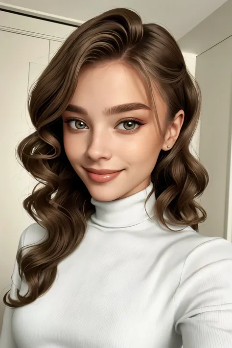 upper body photo of <lora:ViktoriaTishko_v1-000013:.9> ViktoriaTishko, focus on smiling face, wearing a turtleneck , her hair is styled as Curly Hollywood Waves,