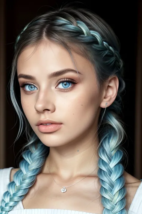 <lora:ViktoriaTishko_v1-000013:.9> ViktoriaTishko, focus on eyes, close up on face, pouting, light pastel blue hair styled five-strand braid