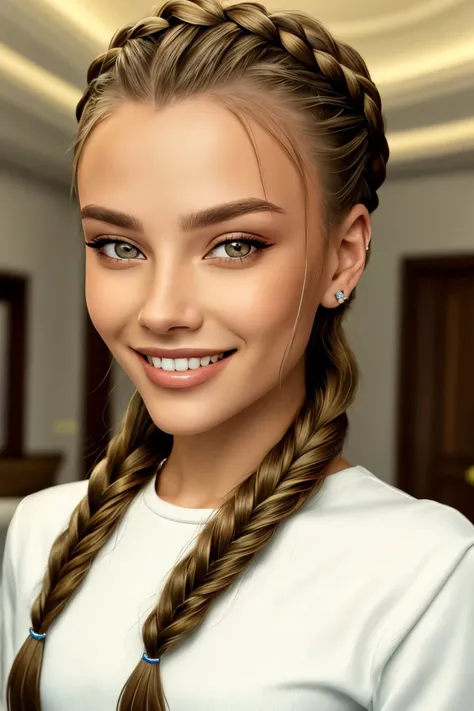 <lora:ViktoriaTishko_v1-000013:.9> ViktoriaTishko, focus on eyes, close up on face, huge smile, wearing jewelry, hair styled cornrows braid