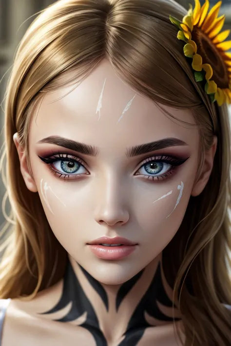 realistic photo of <lora:ViktoriaTishko_v1:.9> ViktoriaTishko wearing makeup and eyeliner, close up on face, focus on eyes, (sunflower face paint:1.0)