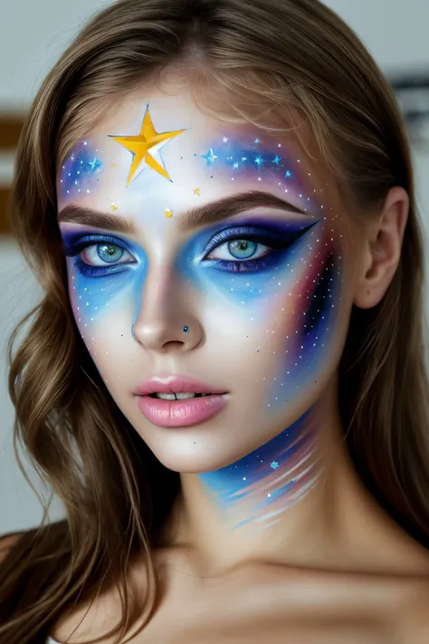 realistic photo of <lora:ViktoriaTishko_v1:.9> ViktoriaTishko wearing makeup and eyeliner, close up on face, focus on eyes, (star face paint:1.2)