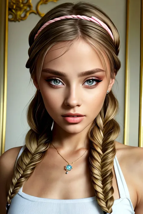 <lora:ViktoriaTishko_v1-000013:.9> ViktoriaTishko, focus on eyes, close up on face, wearing jewelry, hair styled fishtail braid headband