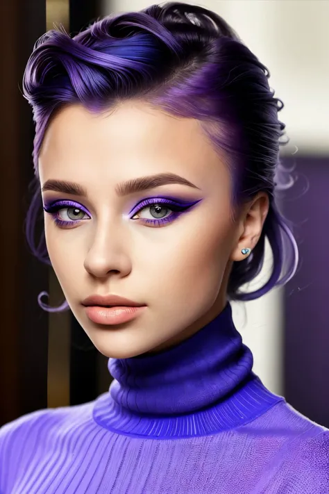 abstract interpretation of, non-objective, color field, patterned, Kandinsky style headshot <lora:ViktoriaTishko_v1:.9> ViktoriaTishko wearing makeup and eyeliner, focus on face, wearing a turtleneck , her violet blue color hair is styled as Faux Hawk with...