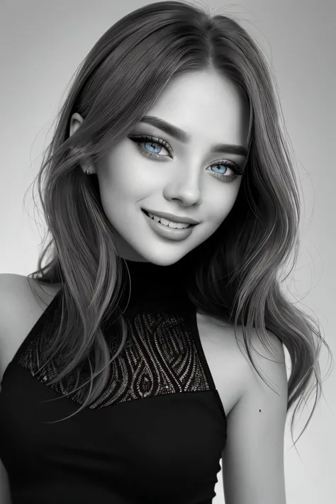 etching style, monochrome, texture, highly detailed, engraving <lora:ViktoriaTishko_v1:.9> ViktoriaTishko wearing makeup and eyeliner, focus on eyes, close up on face, laughing, hair styled voluminous lob hair
