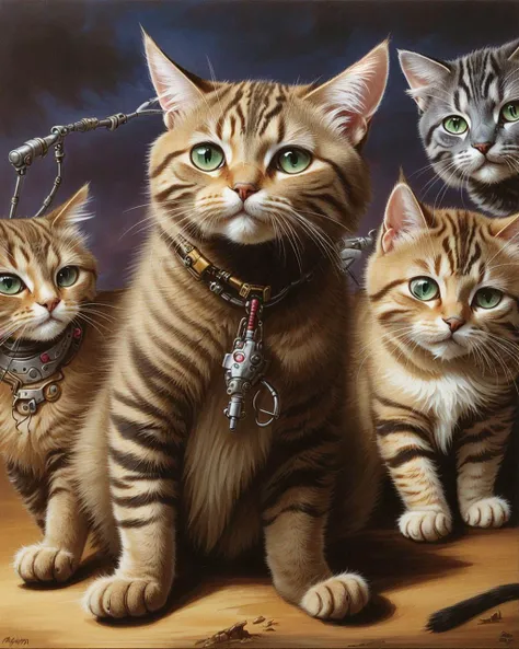 painting of three cats sitting on a table with a chain around their neck