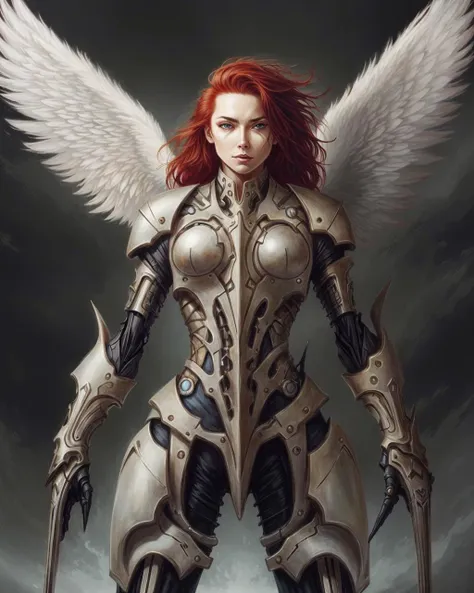 a woman with red hair and white wings standing in front of a cloudy sky