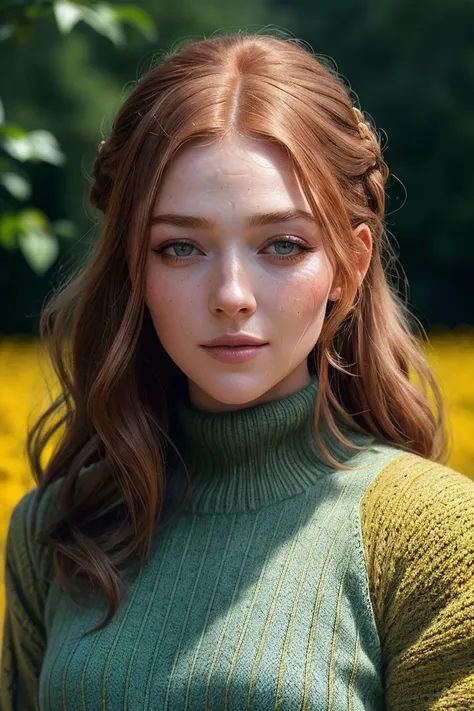 photo of beautiful (EPL4rs3nTh0mps0n:0.99), a woman with perfect hair, hair upsweep updo, wearing (yellow Chunky Knit Sweater :1.1), (plain blue outside, flower field :1.1), modelshoot style, (extremely detailed CG unity 8k wallpaper), professional majesti...