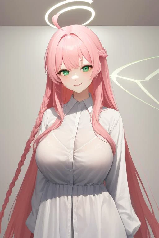 <lora:swhuazi_v1:0.8>,huazi, girl,big breasts, pink hair, green eyes, solo,long hair, braid, ahoge,  underwear, looking at viewersmile,  masterpiece, best quality,masterpiece, best quality,halo, masterpiece, best quality,hide hand, masterpiece, best qualit...