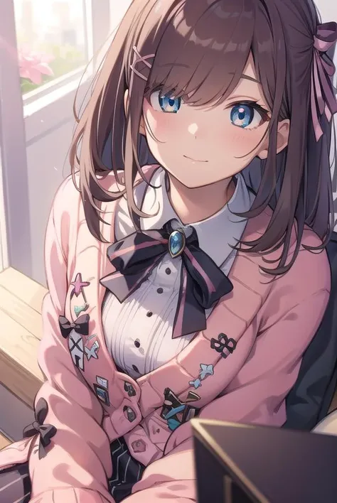 lulusuzuhara, <lyco:lulusuzuhara-LYCORIStest:1>,
lulu suzuhara, blue eyes, brown hair, hair ornament, hair over one eye, hair ribbon,
BREAK boots, bow, bowtie, brooch, buttons, cardigan, frills, jewelry, pantyhose, ribbon, skirt, striped, striped pantyhose...