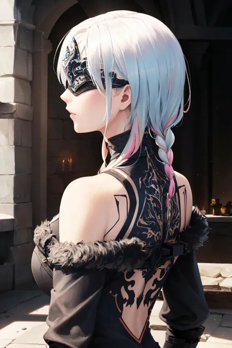 (masterpiece, best quality, high quality, highres, ultra-detailed),  <lora:firekeeper2:0.6> firekeeper, blindfold,<lora:lucy_(cyberpunk)_v10:0.7> lu1, cyborg, (multicolored hair), braid, short hair, makeup, bare shoulders, fur-trimmed coat,  detailed backg...