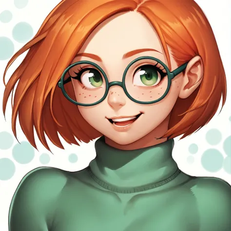 a cartoon girl with glasses and a green turtle neck sweater